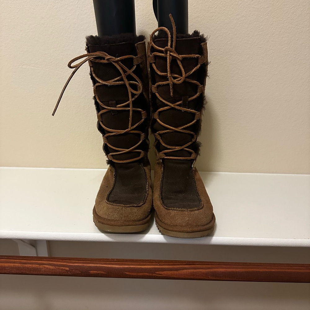UGG Brown Lace-Up Boots with Fur Trim